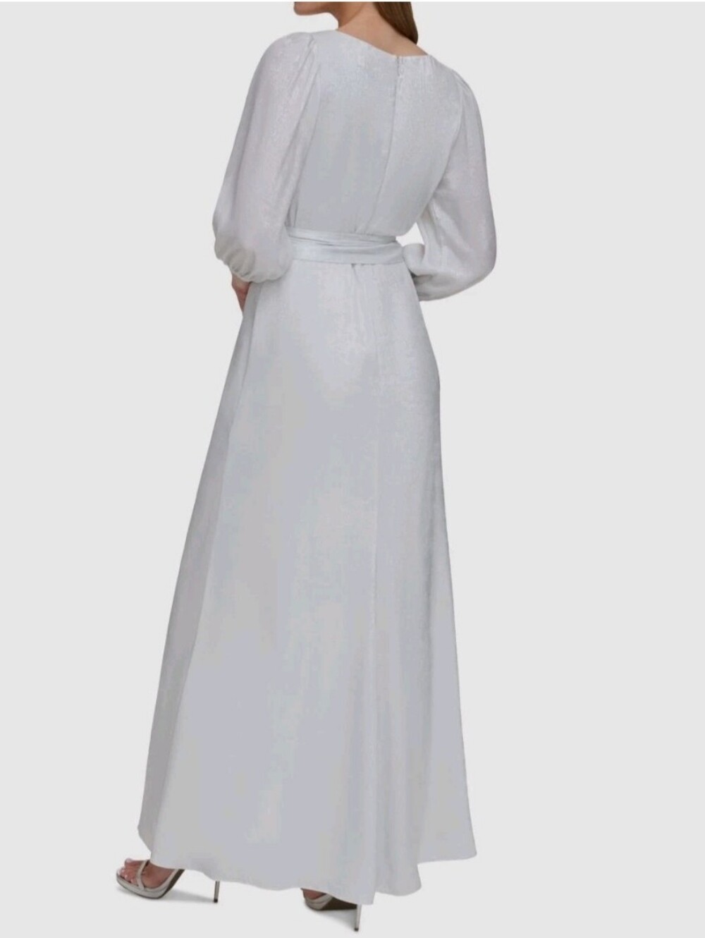 NWT DKNY Women's Silver Shimmer Surplice Balloon Sleeve Belted A-Line Dress Sz10 - Picture 3 of 13